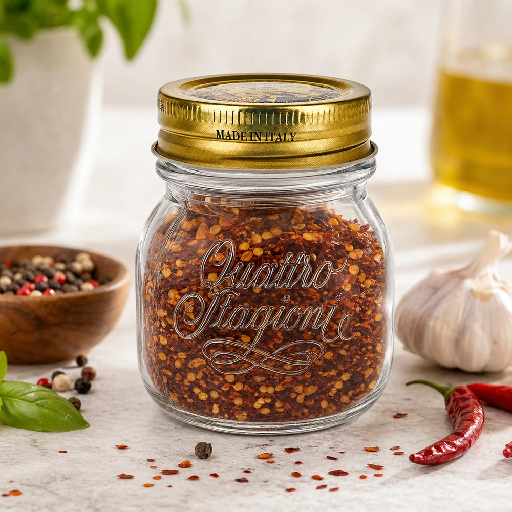 150ml Rundglas "Quattro Stagioni" mit Deckel 150ml Quattro Stagioni Rundglas mit goldenem Deckel gefüllt mit Chili-Gewürzmischung Made in Italy