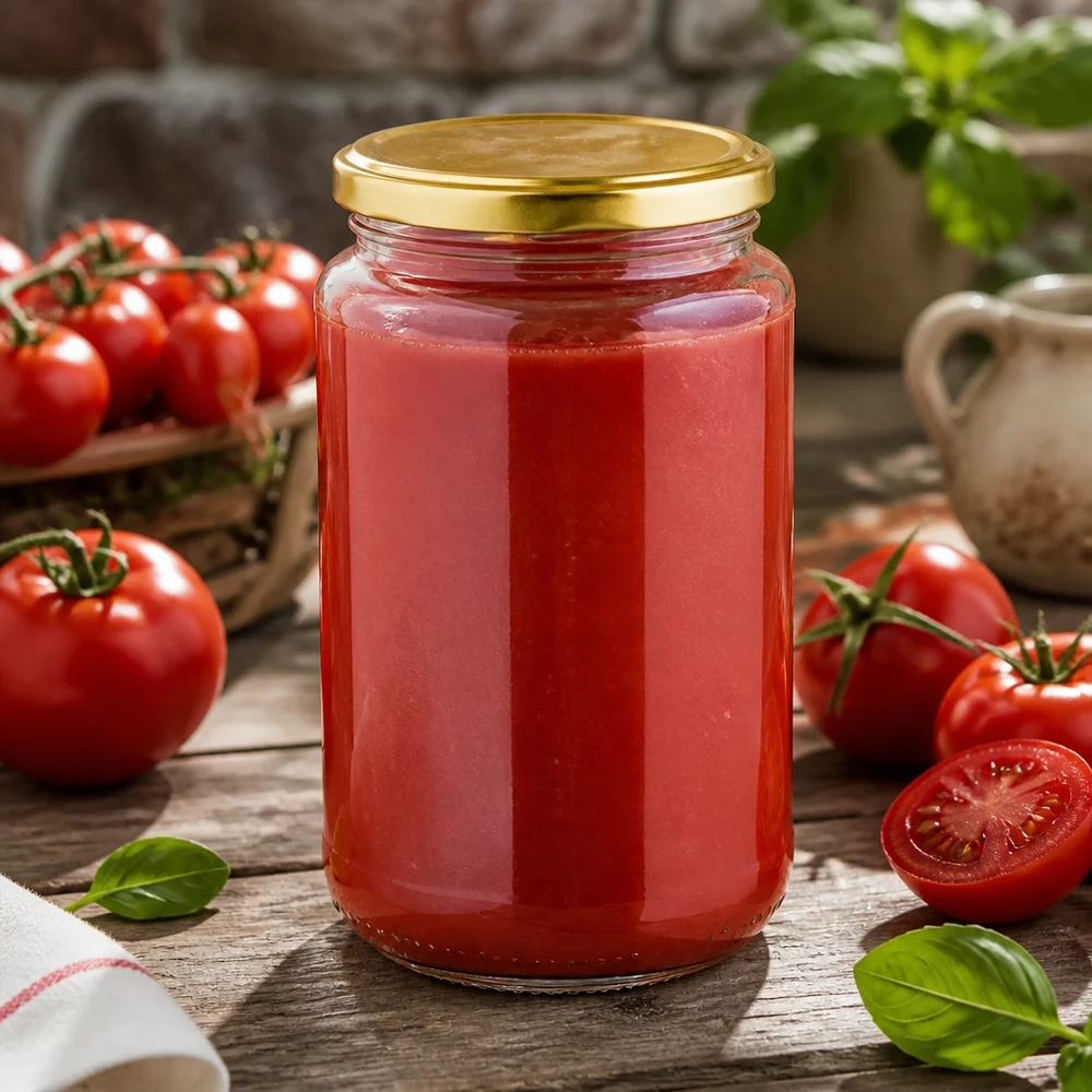 Hausgemachte Tomatensauce in 320ml UNiTWIST Rundglas mit goldenem BasicSeal Deckel eingeweckt
