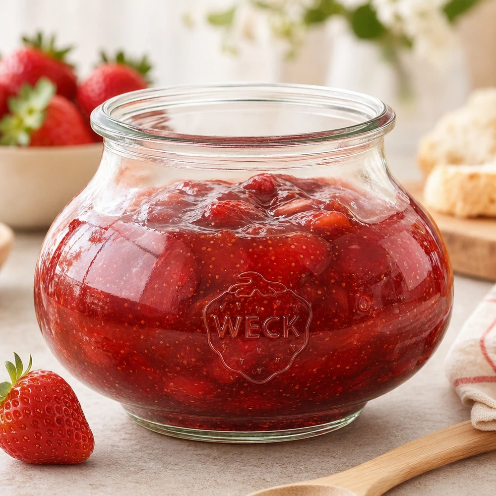 560ml Schmuckglas WECK RR80 WECK Schmuckglas RR80 560ml mit hausgemachter Erdbeermarmelade und Holzlöffel auf Küchenarbeitsfläche