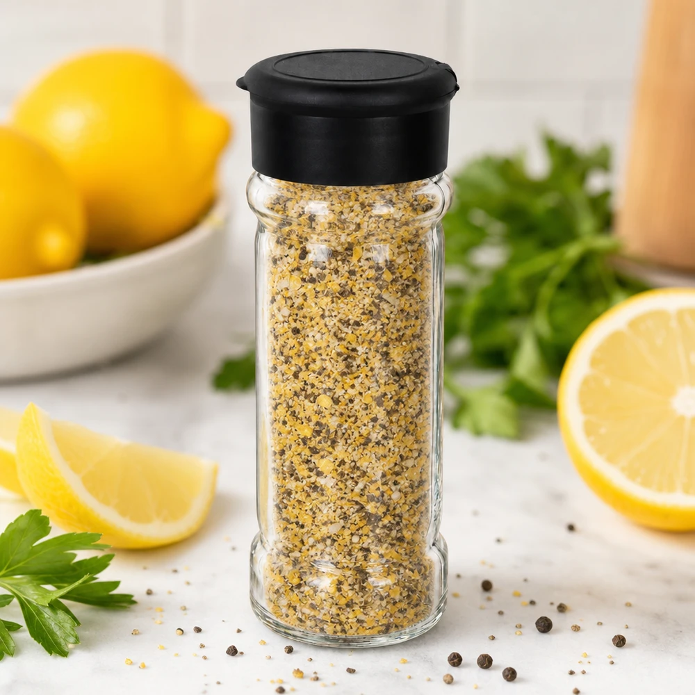 Gefülltes Salz-Streuglas 100ml aus Glas mit schwarzem Deckel neben Zitronenscheiben