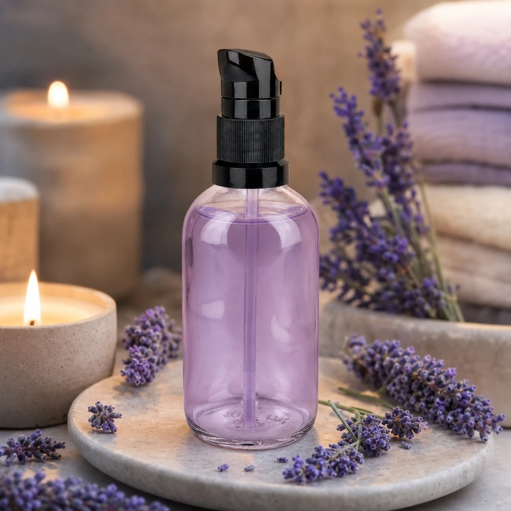 100ml Apothekerflasche ClearLine mit schwarzem Pumpverschluss lila Flüssigkeit Wellness