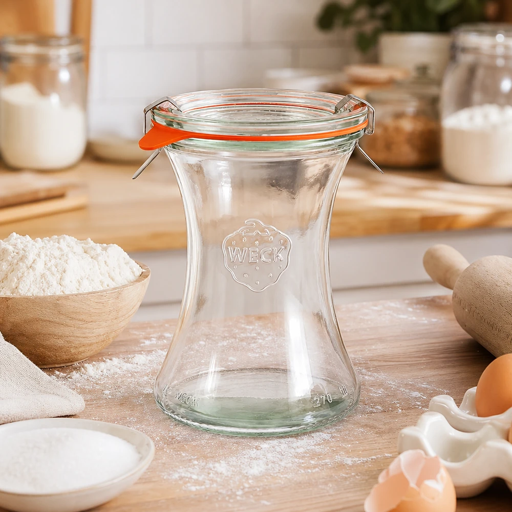 370ml Delikatessenglas komplett WECK RR80 WECK Delikatessenglas 370ml RR80 leer in Küche mit Backzutaten Mehl Eier Holzutensilien Küchenambiente