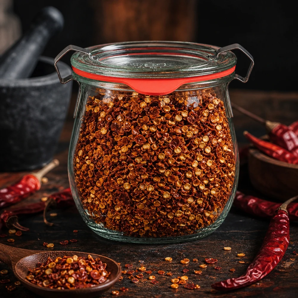 WECK Mini Tulpenglas 220ml Gewürzidee scharfe Chilisamen Aufbewahrung rustikales Holzbrett Ambiente