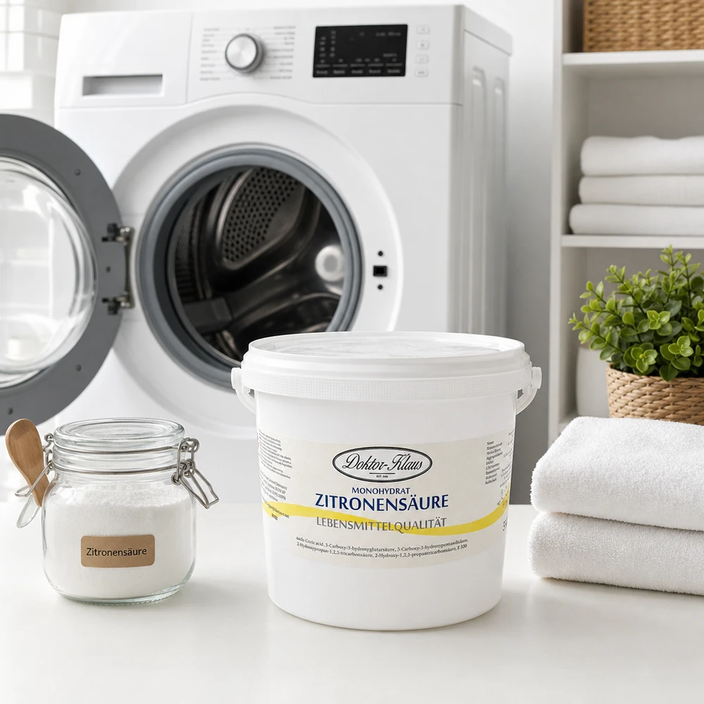 Zitronensäure 5kg Doktor-Klaus Zitronensäure 5kg Doktor-Klaus Großpackung neben weißen Handtüchern für optimale Wäschehygiene