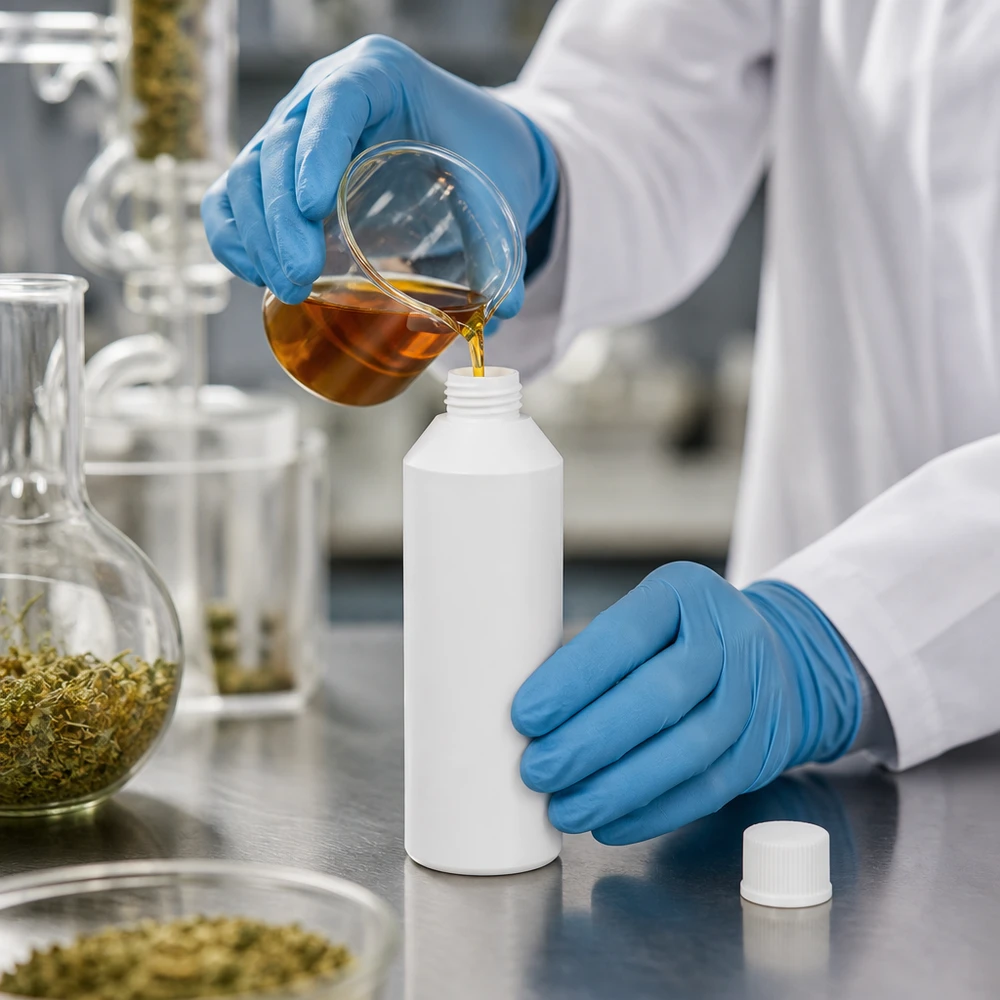 Apothekenflasche HDPE 250ml weiß, mit weißem Schraubverschluss Weiße HDPE Apothekenflasche 250ml bei der Herstellung pflanzlicher Arzneimittel im Reinraumlabor