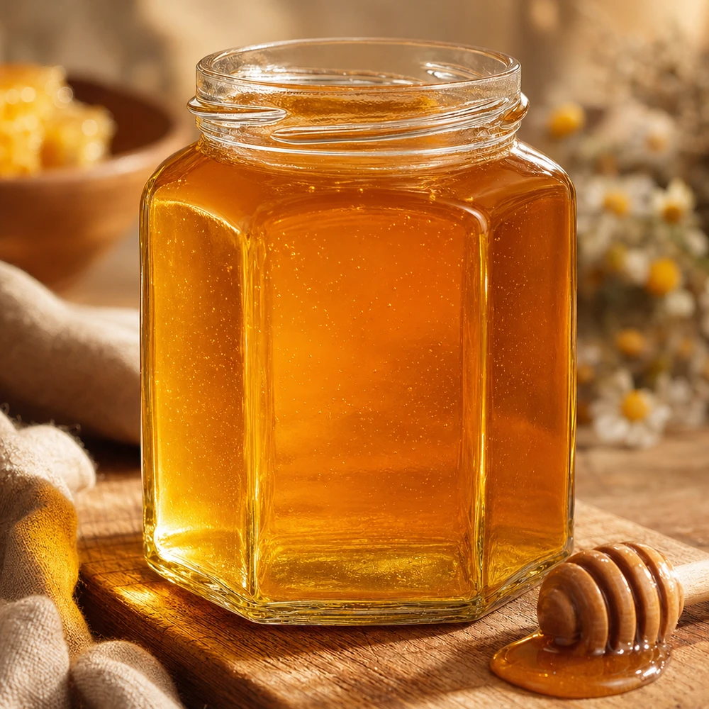 288ml Hexaglas ohne Deckel (TO63) UNiTWIST UNiTWIST Hexa288 sechseckiges Honigglas 288ml TO63 mit goldenem Honig gefüllt auf Holztisch mit Honiglöffel