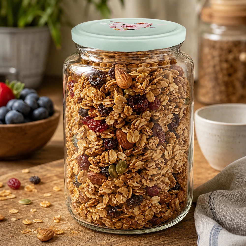 795ml Rundglas gefüllt mit Müsli und Nüssen zeigt mint Herzdeckel als praktisches Vorratsglas für Cerealien