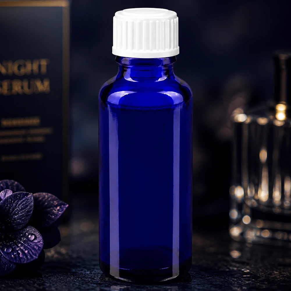 30ml blaue Pharmaglasflasche Standard mit weißem Originalitätsverschluss für Kosmetikserums