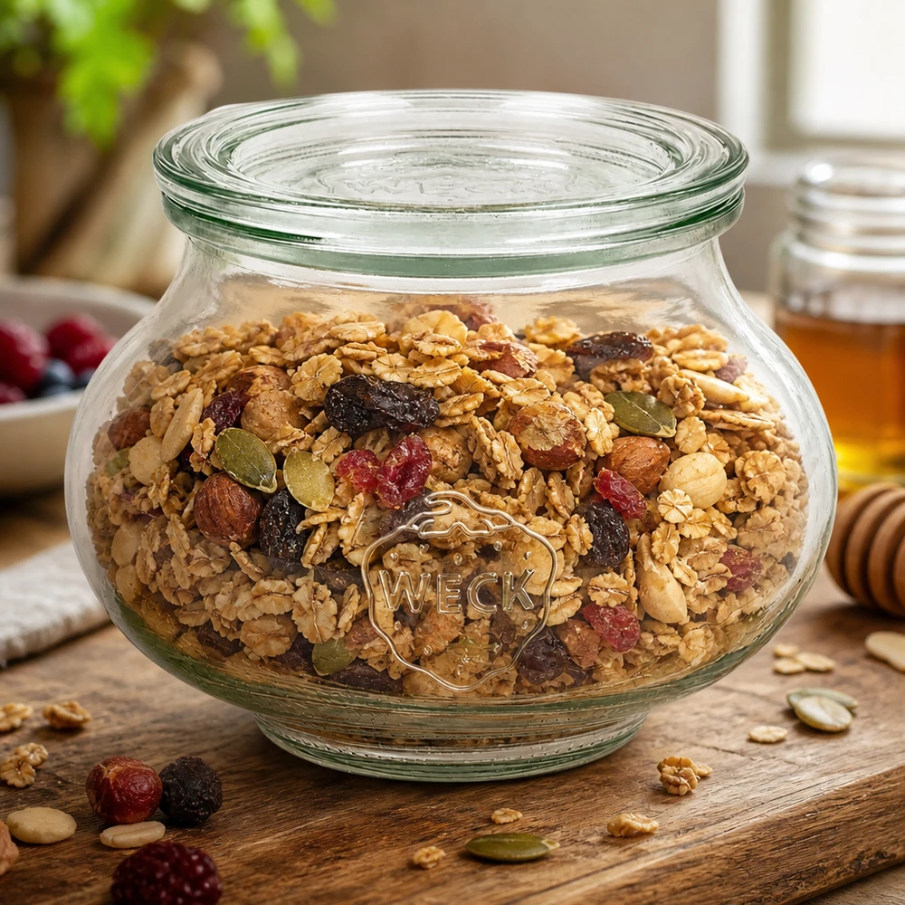 560ml Schmuckglas mit Glasdeckel WECK RR80 WECK Schmuckglas 560ml RR80 mit hausgemachtem Müsli Nüssen Trockenfrüchten als Vorratsdose auf Holztisch