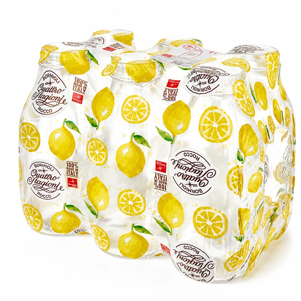 6er Pack Quattro Stagioni Glasflaschen 1000ml in Folie verpackt, Bormioli Rocco Milchflaschen mit Zitronenmotiv