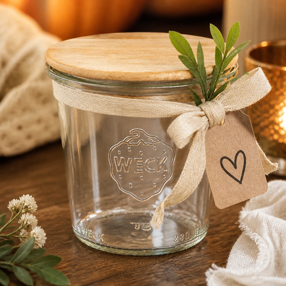 WECK Sturzglas 290ml RR80 mit Bambusdeckel und Geschenkanhänger als Dekoration mit Kräutern und Stoffband