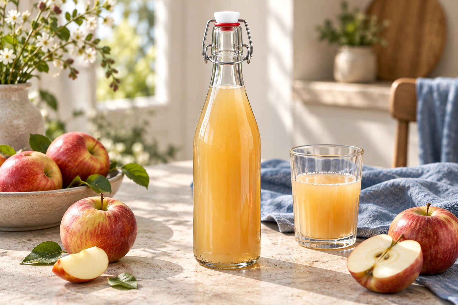 Bügelflasche mit Apfelsaft und frischen Äpfeln auf dem Frühstückstisch – illustriertes Anwendungsbeispiel