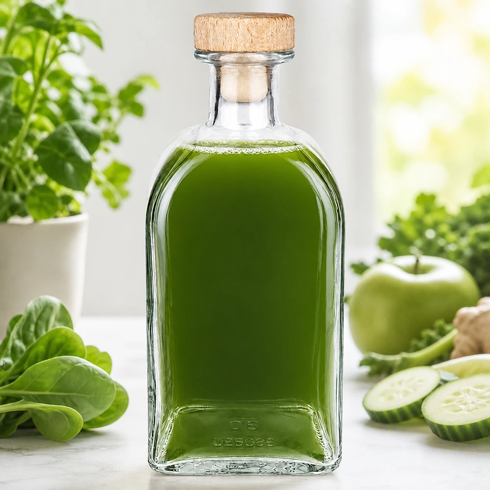 500ml Glasflasche Julia mit Holzkorken gefüllt mit grünem Smoothie umgeben von frischem Gemüse und Kräutern