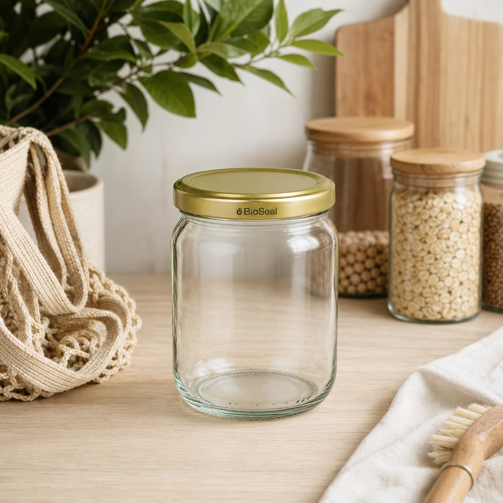 500g Honigglas mit goldenem Deckel BioSeal UNiTWIST 500g BioSeal Honigglas leer in nachhaltiger Küche mit Vorratsgläsern und natürlichen Materialien auf Holzarbeitsplatte