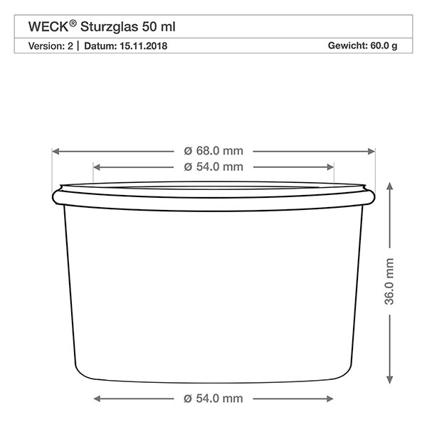 48er Set Weck Gläser 50ml Sturzgläser mit 48 Glasdeckeln WECK 50ml Sturzglas RR60 technische Zeichnung mit Maßangaben - Durchmesser 68mm, Höhe 36mm für Einmachgläser
