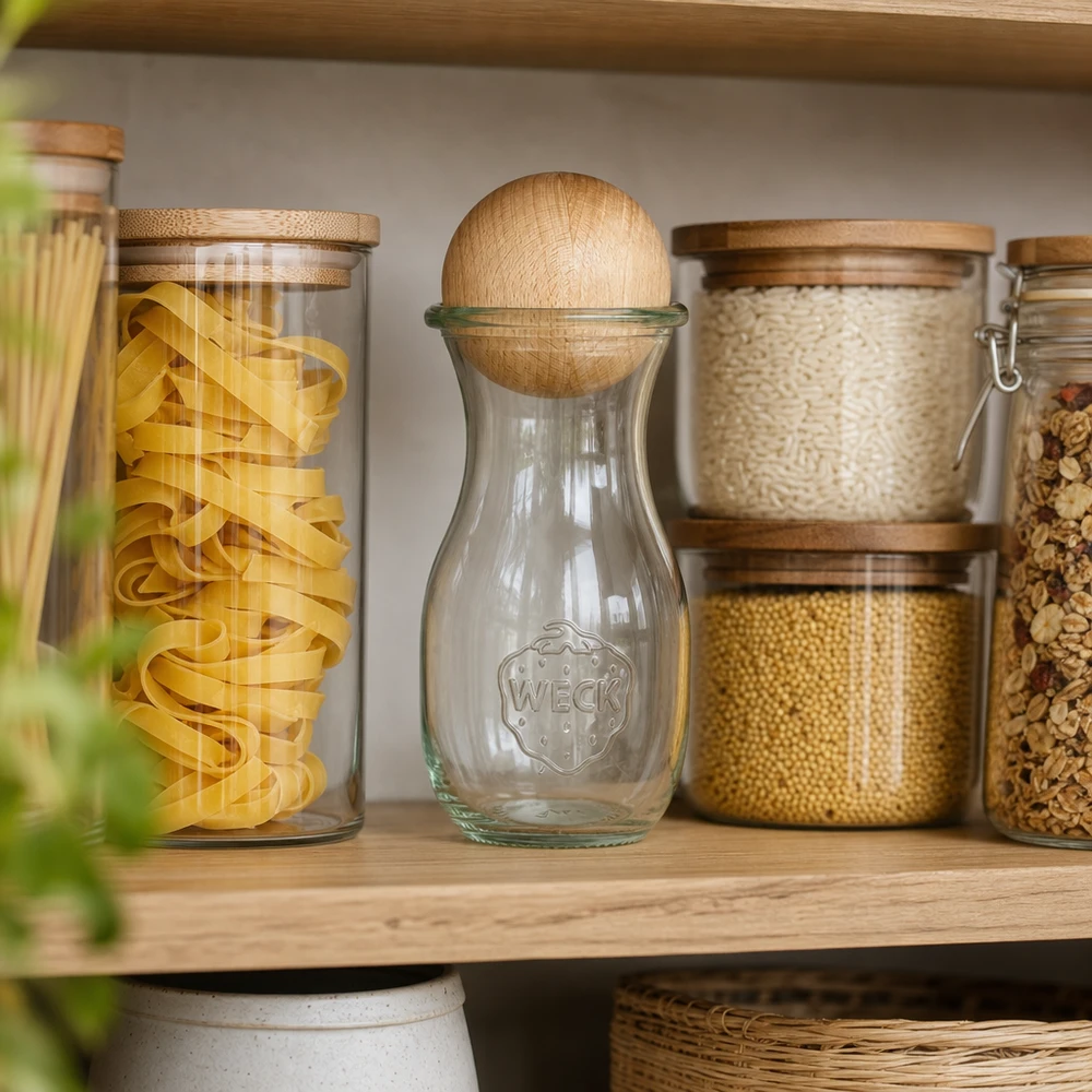 290ml Saftflasche WECK RR60 mit Holzkugel Buche WECK Glasflasche 290ml RR60 mit Buchenkugel in organisierter Speisekammer zwischen Pasta-Gläsern und Vorratsbehältern