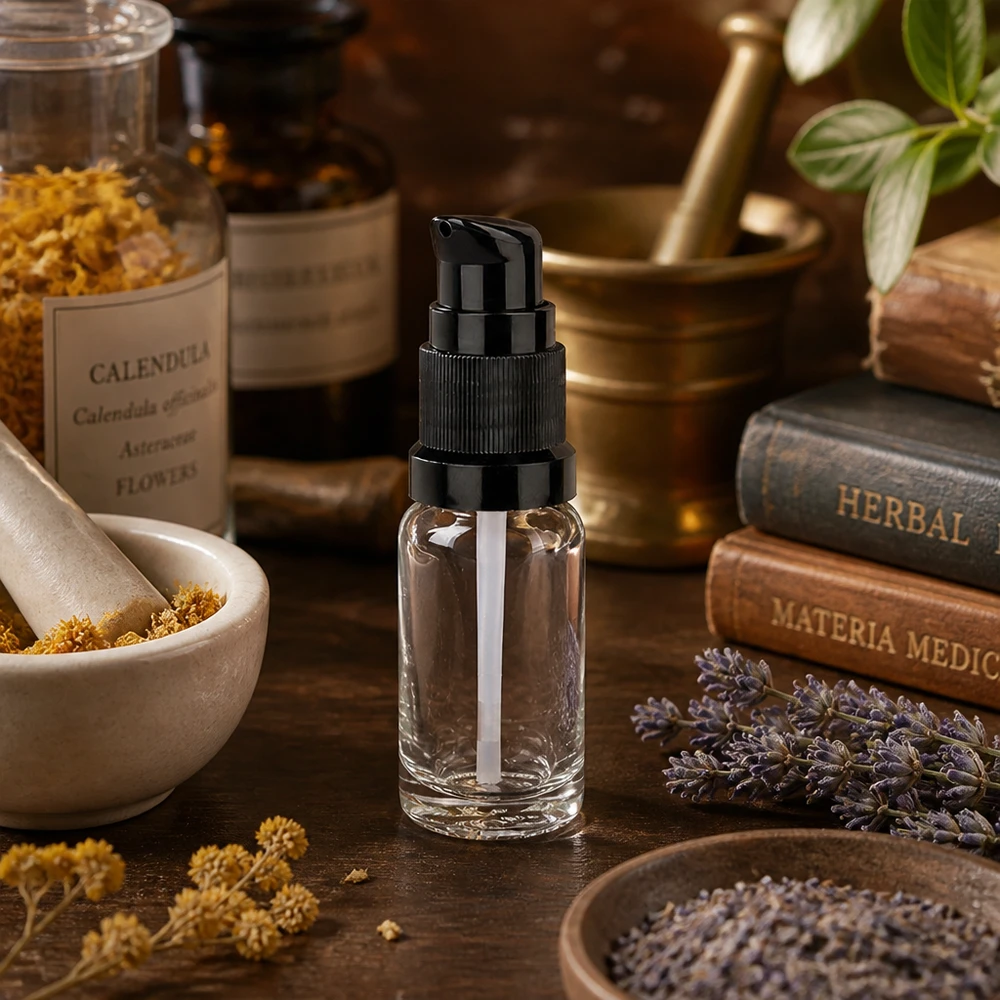 Durchsichtige 10ml Flasche mit schwarzem Pumpaufsatz zwischen getrockneten Heilkräutern
