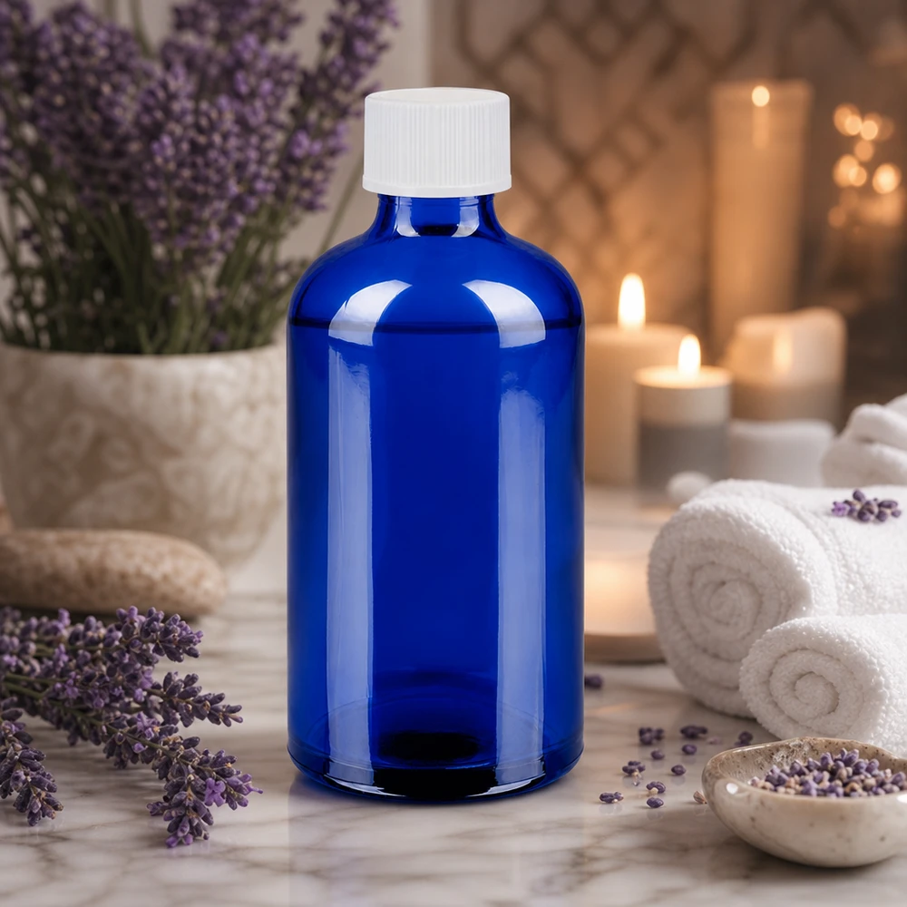 Vielseitige 100ml blaue Glasflasche mit weißem Schraubverschluss für DIY-Projekte und Mischungen