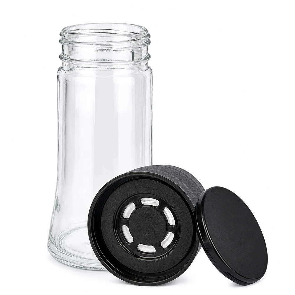 Schwarze Salzmühle grob auf transparentem Glasgefäß 95ml für die Küche