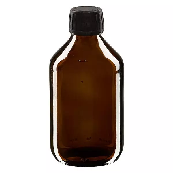 250ml Medizinflasche braun, Verschluss schwarz mit Originalitätsring ApoGlas