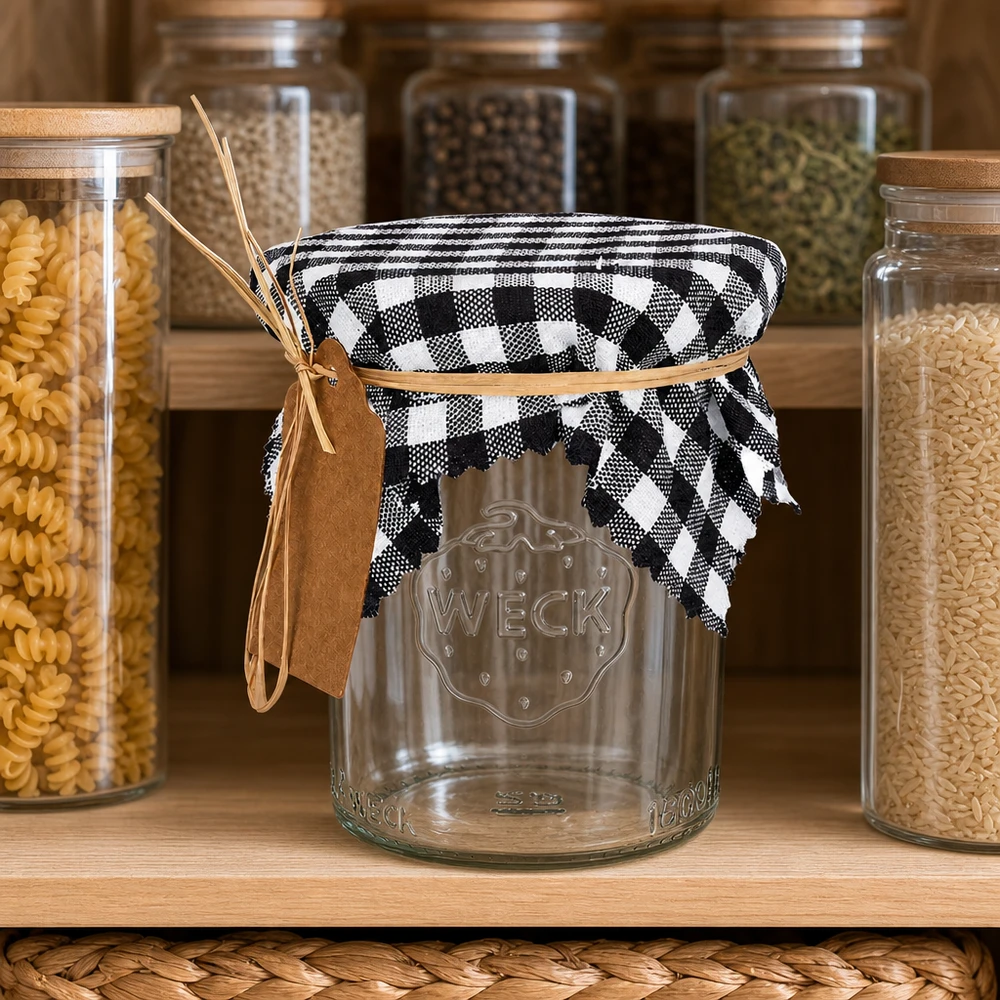 Stoff Schmuckdeckchen schwarz-kariert 12cm eckig Kariertes Schmuckdeckchen schwarz-weiß 12cm auf Vorratsglas zwischen Pasta-Behältern, Landhausstil Küchendeko