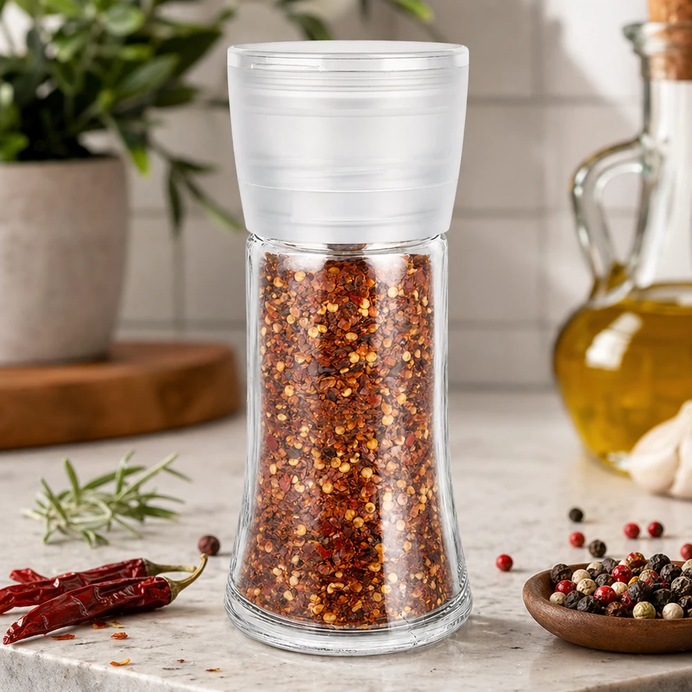 Nachfüllbares Salz- und Gewürzglas mit Mühle Vario weiss in Küchenumgebung mit Kräutern