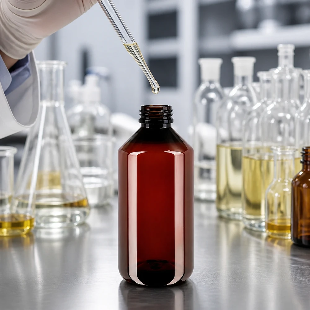 Braune 750ml PET Flasche mit grünem OV ideal für Ätherische Öle und Laborchemikalien