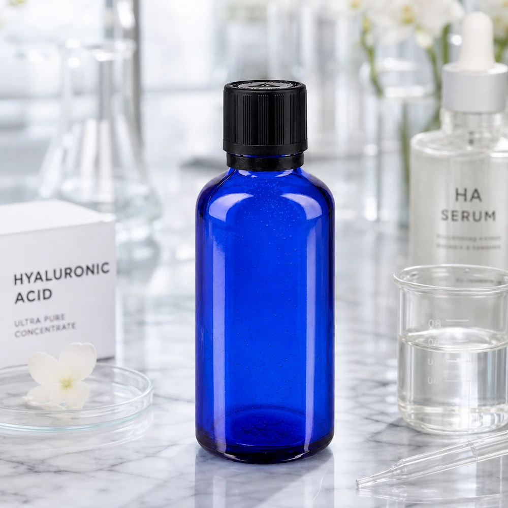 Apothekenflasche blau 50ml Tropfer Giessring 1mm schwarz Kindersicherung Blindenwarnsymbol Originalitätsverschluss 50ml Apothekerglas in Blau mit schwarzem Kindersicherheitsverschluss und Tropfeinsatz im Laborkontext
