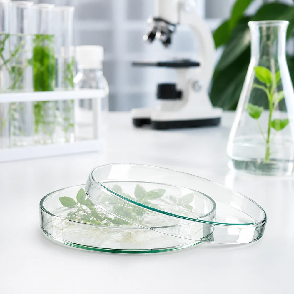 Petrischale 120x20mm Glas Laborpetrischale Glas 120x20mm für botanische Gewebekultur mit Mikroskop und Erlenmeyerkolben