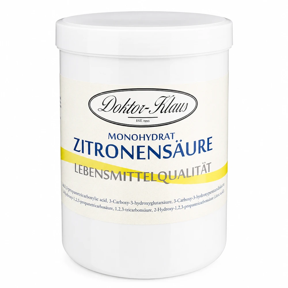 Zitronensäure Doktor-Klaus 1kg Monohydrat für Backwaren und Getränke in weißer Vorratsdose