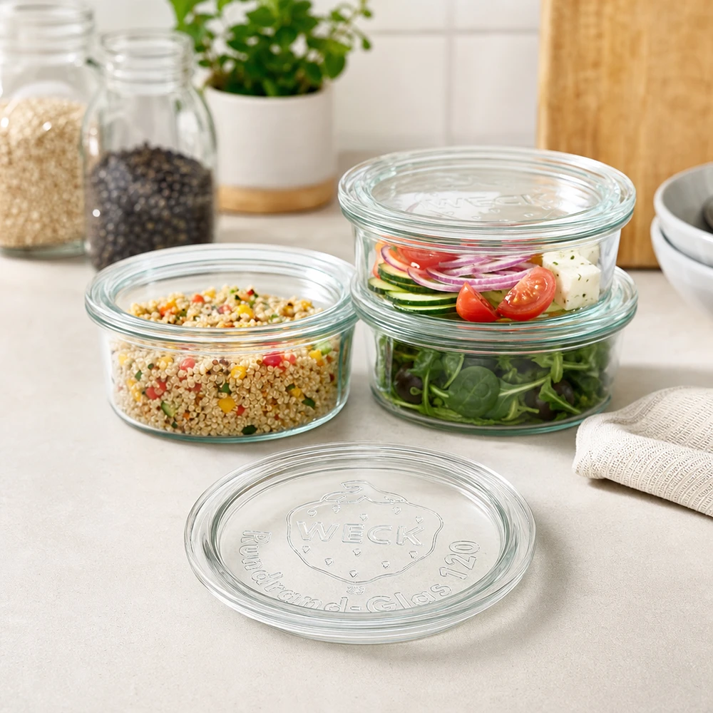 WECK Glasdeckel RR120 WECK Glasdeckel RR120 in moderner Küche mit gefüllten Vorratsgläsern für Salat Quinoa und frische Zutaten