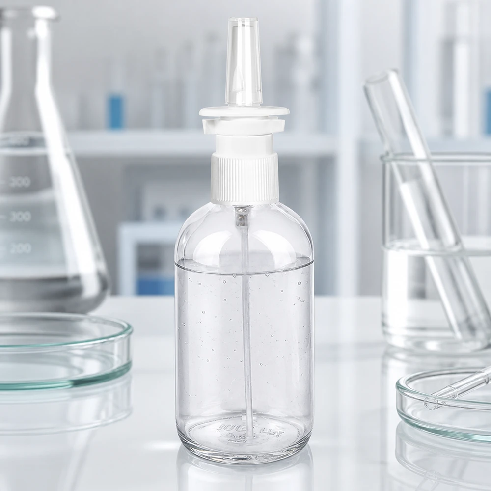 100ml ClearLine Nasensprayflasche UT18 mit transparentem Nasenoliven-Aufsatz Detailansicht