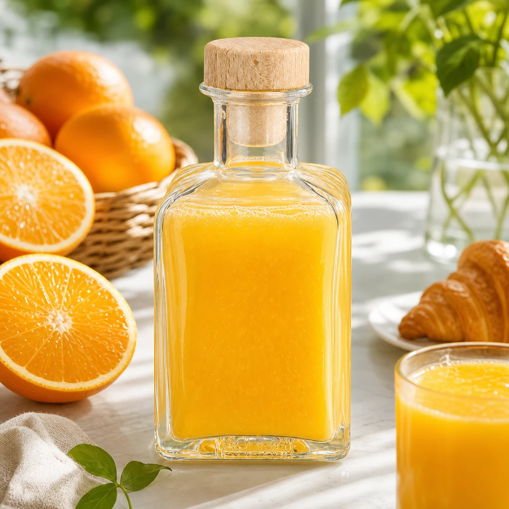 200ml Glasflasche "Clara" mit Holzgriff-Korken UNiTWIST 200ml Glasflasche Clara gefüllt mit Orangensaft Holzkorken Dekoration Küche frische Orangen breakfast styling