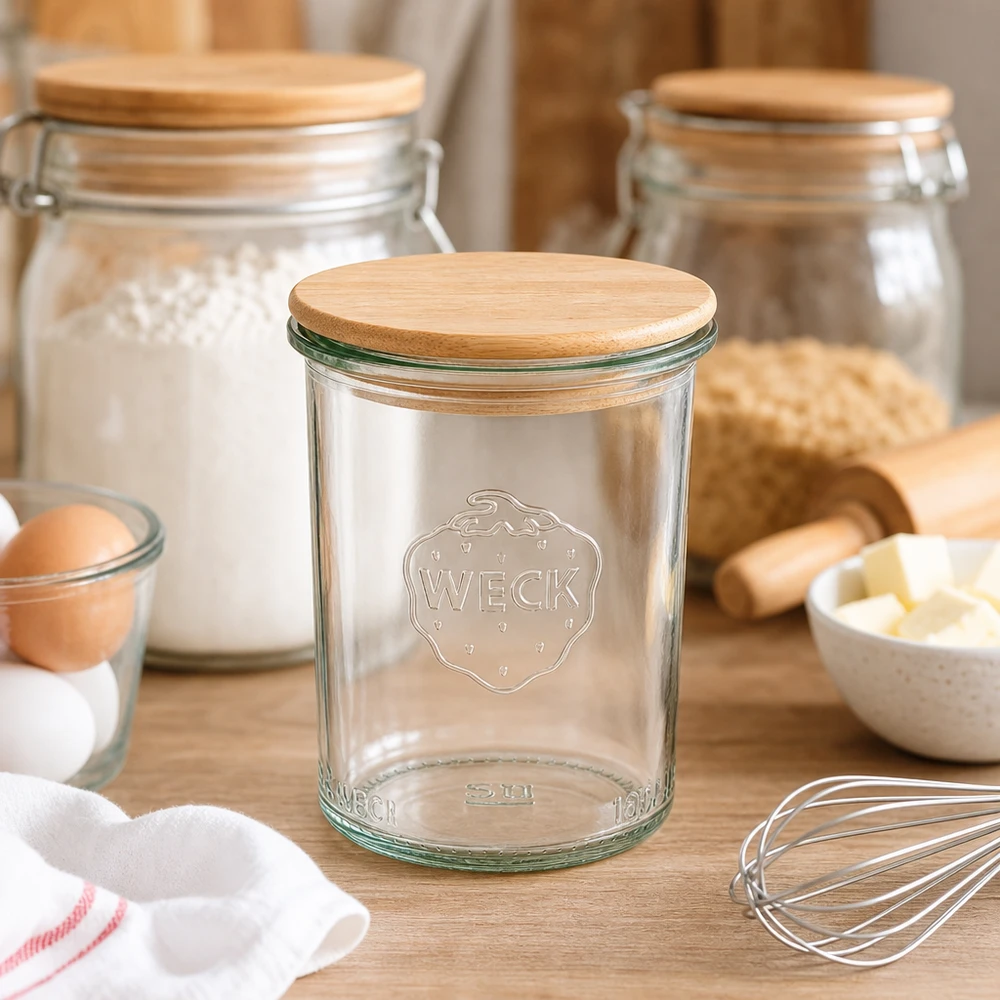 WECK Sturzglas 160ml RR60 mit Holzdeckel in rustikaler Küche zwischen Backzutaten und Kochutensilien
