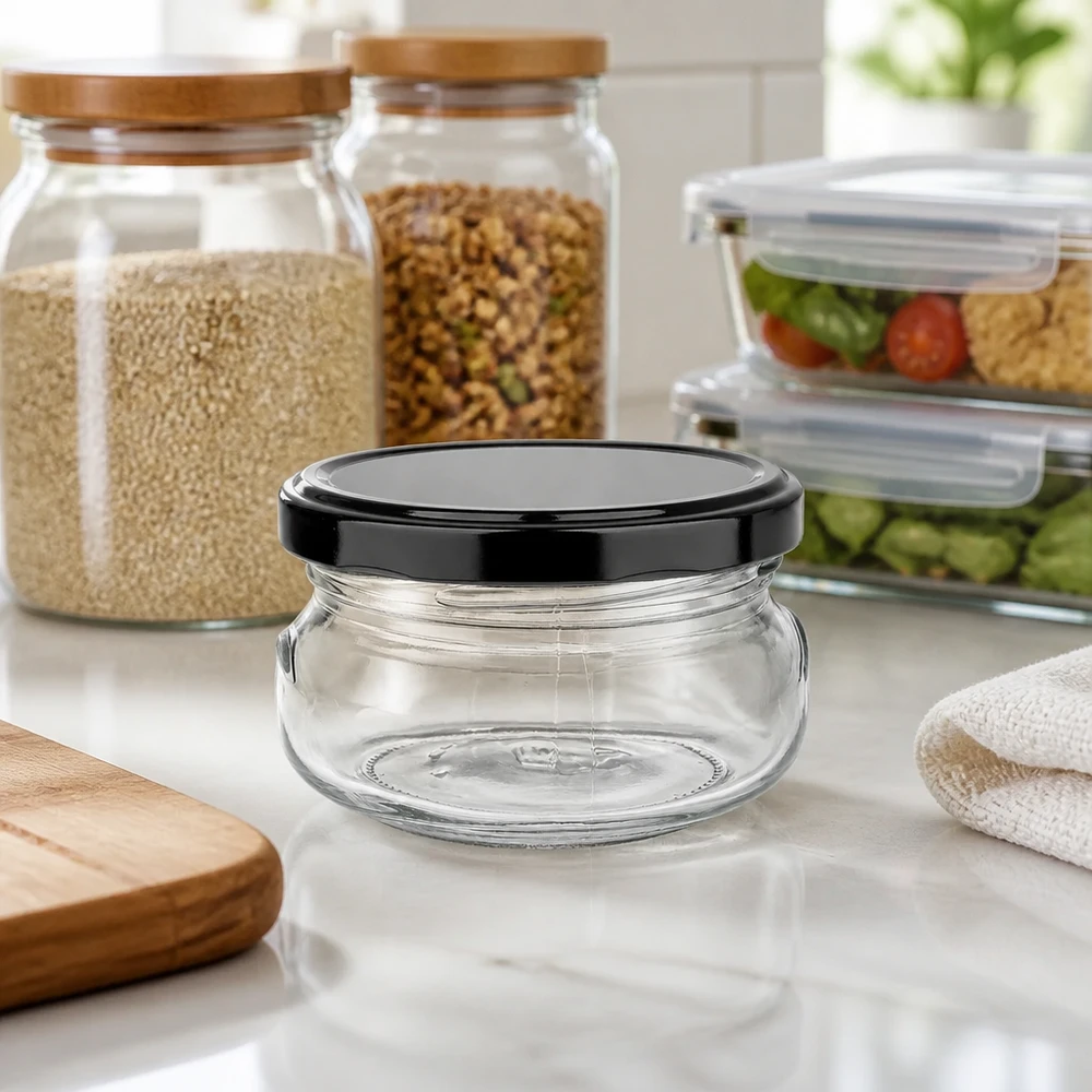 UNiTWIST Terrinenglas 120ml gedrungene Glasform schwarzer Deckel Küche Holzbrett Küchenhandtuch