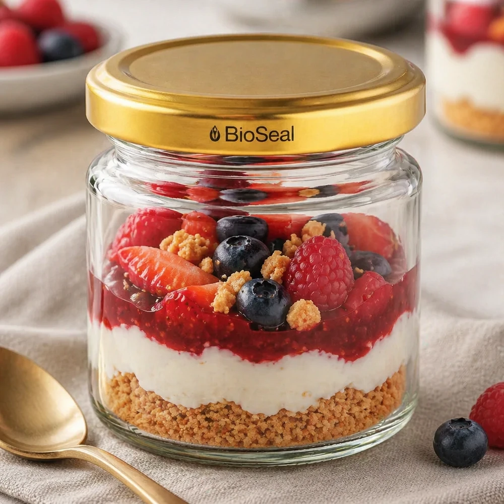 UNiTWIST Runda53 mit goldenem TO43 BioSeal Deckel als Dessertglas für Beeren-Joghurt-Schichtdessert mit Keksboden