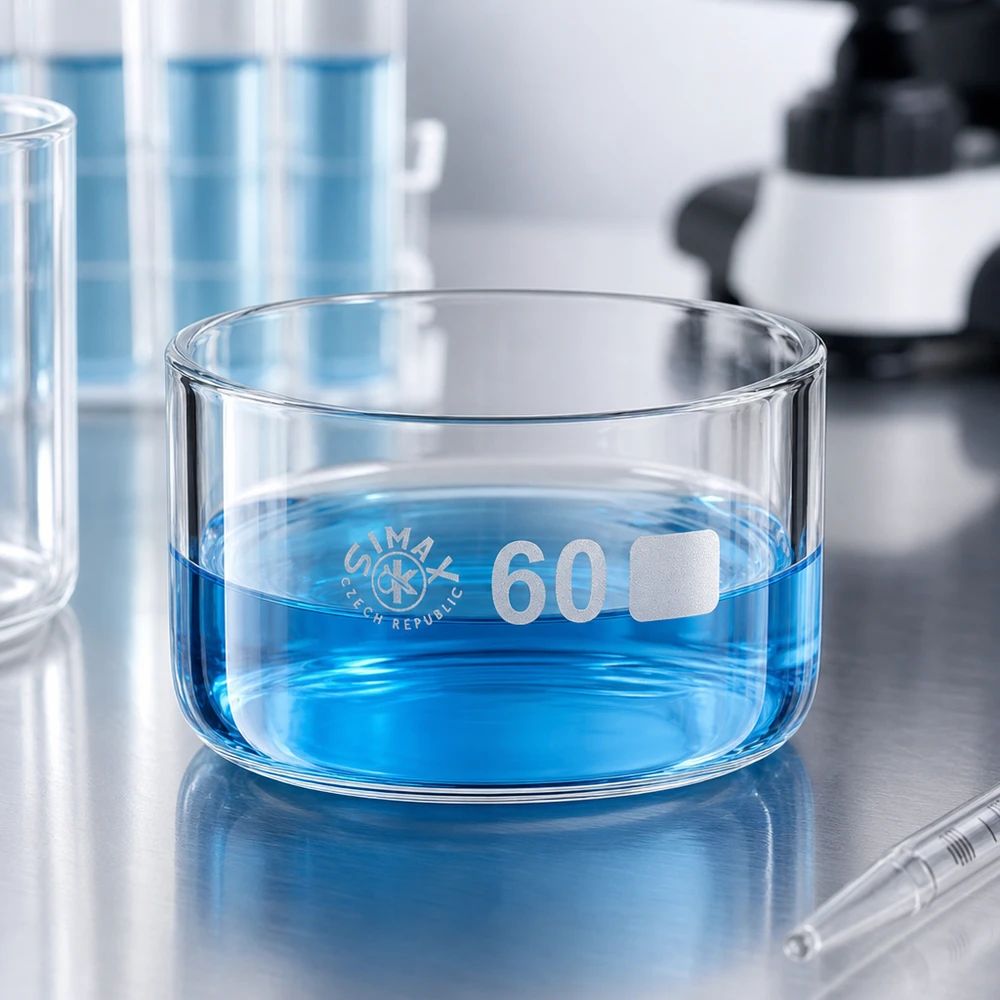 60ml Kristallisierschale ohne Ausguss Borosilikat ø60mm Borosilikatglas Verdunstungsschale 60ml mit blauer Flüssigkeit für chemische Analyse
