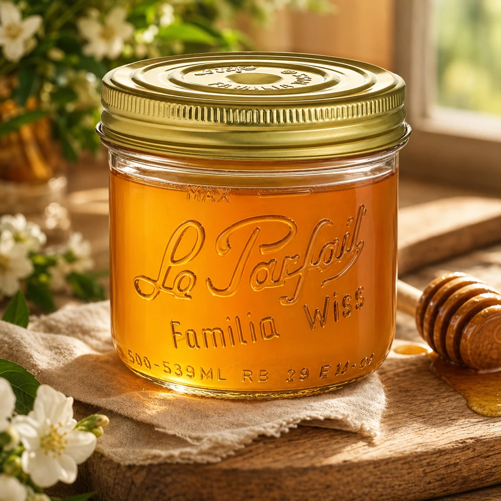 539ml Sturzglas Familia Wiss mit goldenem Deckel gefüllt mit Honig auf Holztisch mit Honiglöffel und Blumen