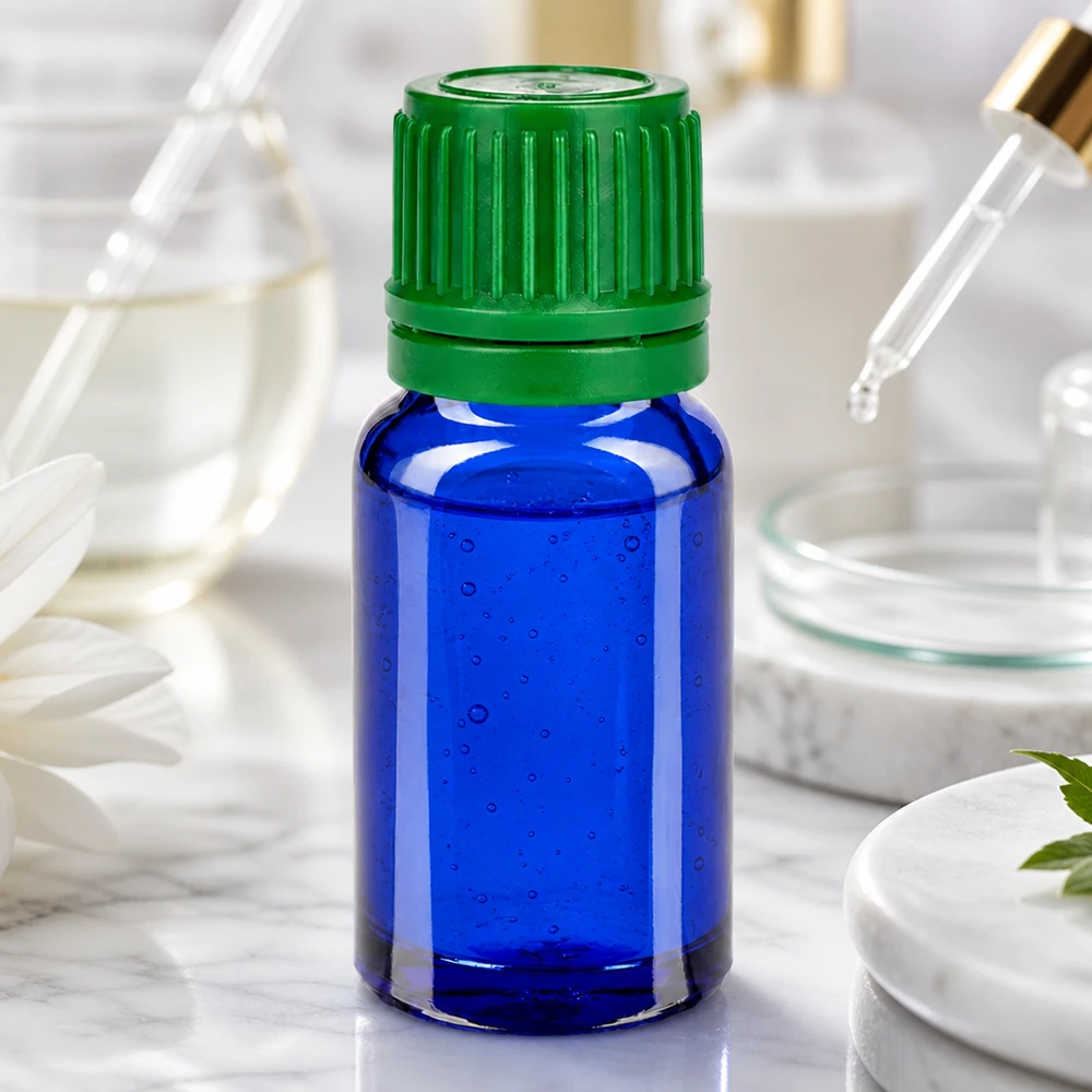 Robuste 10ml Glasflasche mit dickwandigem blauen Korpus und stabilem grünen Verschluss für den Dauereinsatz