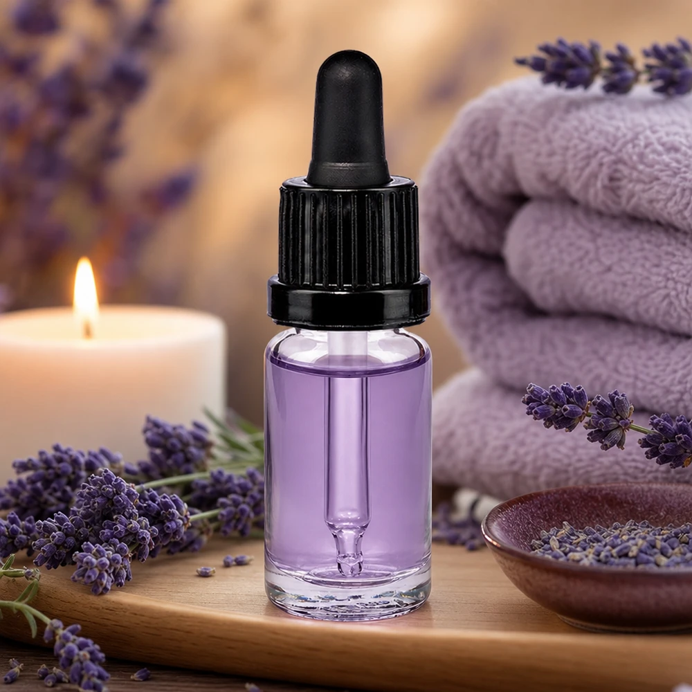 Kleine Glasflasche mit Tropfpipette 10ml schwarzer Kappe und lila Öl für Kosmetikanwendungen