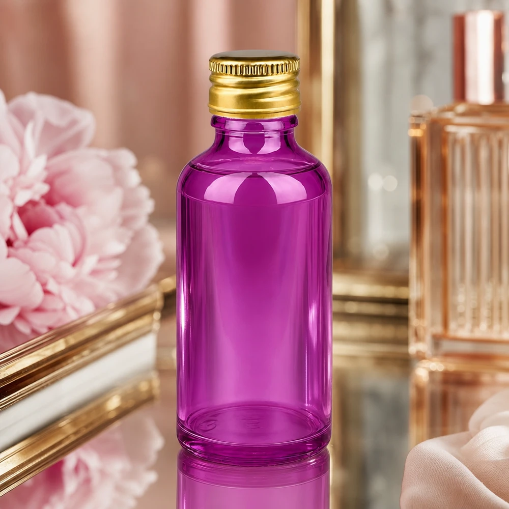 Funktionale 50ml Violettglas-Flasche mit 11mm Öffnung und robustem Alu-Gold Verschluss für den Alltag
