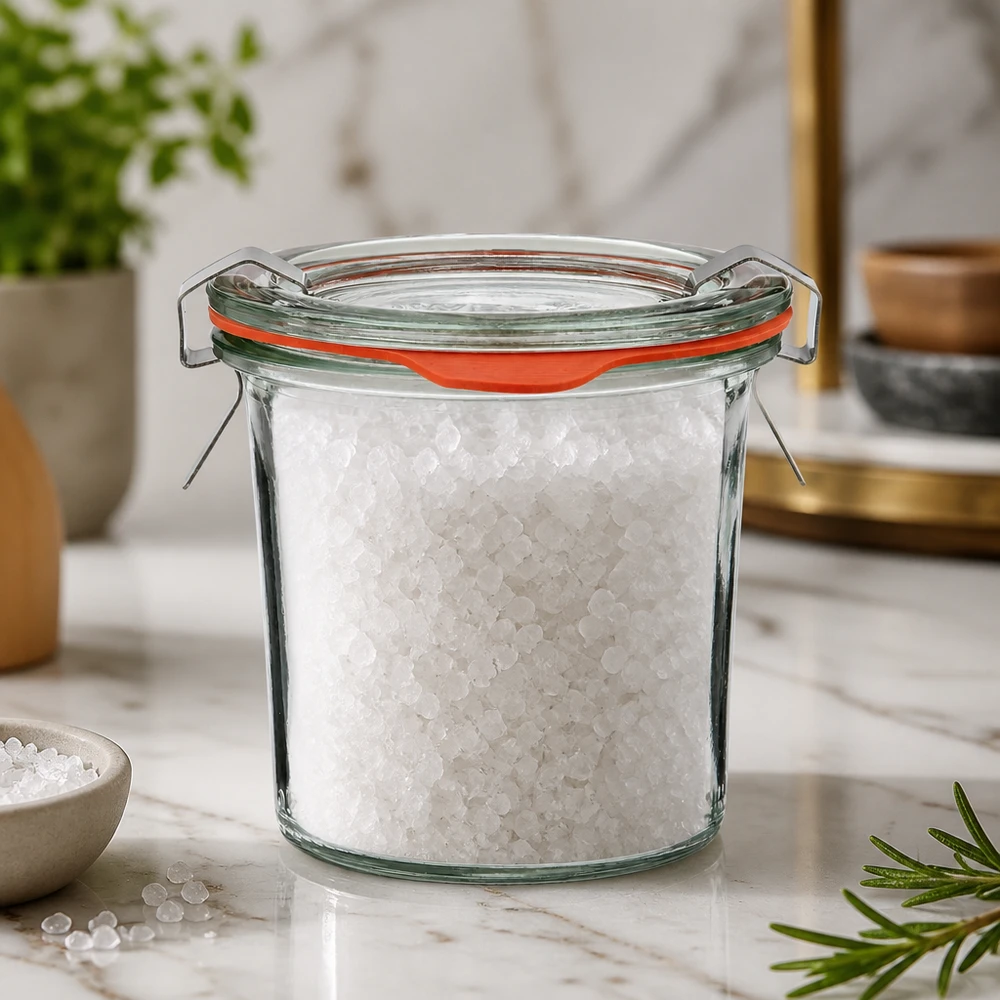 Kompaktes WECK Einmachglas 140ml mit Salzfüllung und Glasdeckel als stilvolle Gewürzaufbewahrung
