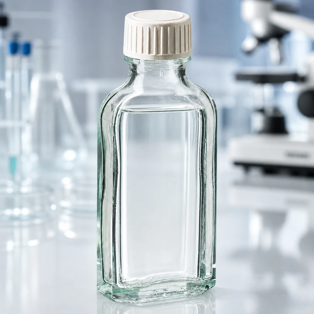 50 ml Meplat klar Schraubverschluss mit PE-Schaumeinlage Hochwertige Apothekerflasche 50ml Meplat klar mit weißem PE-Verschluss vor Laborausstattung
