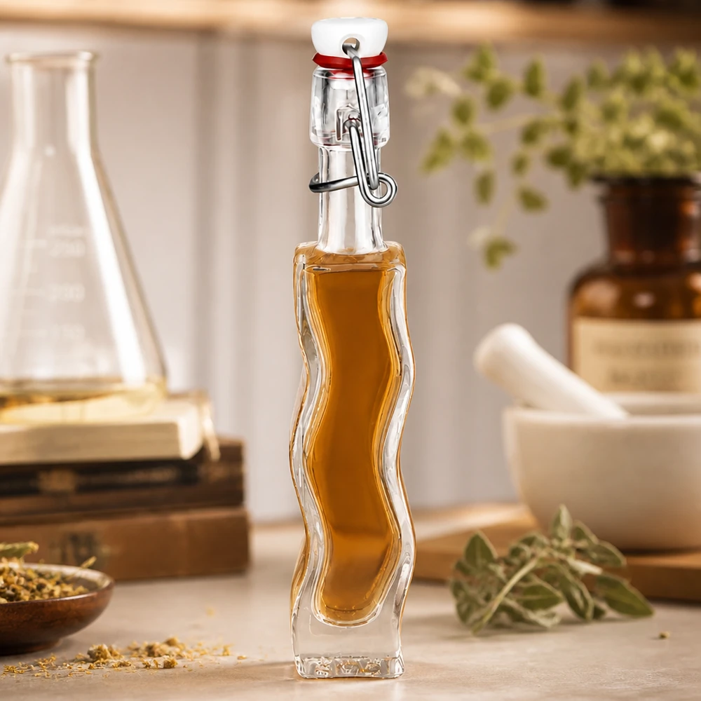 40ml Glasflasche "Anna" mit PVC Bügelverschluss UNiTWIST 40ml Glasflasche Anna gefüllt mit honigfarbener Flüssigkeit in rustikaler Küche mit Kräutern und Glasware