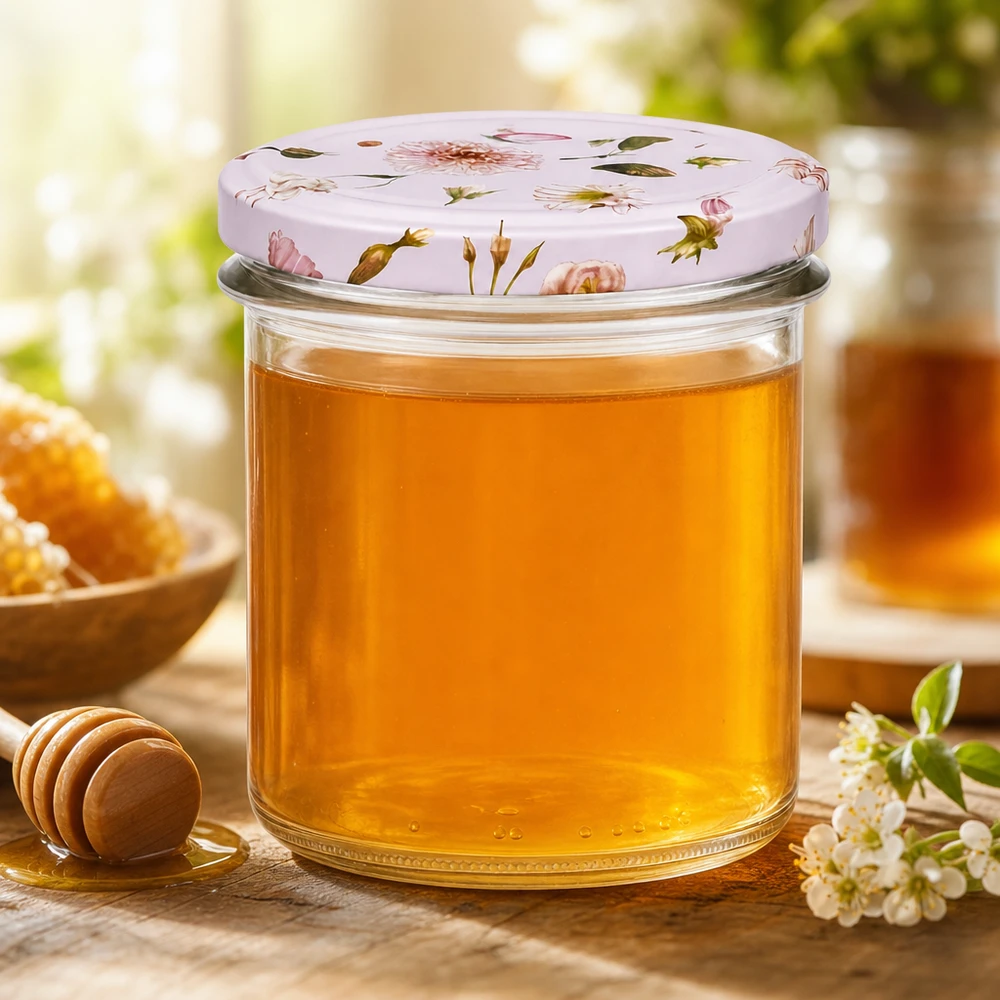 350ml Sturzglas rosa Blumendeckel mit Honig gefüllt neben Honiglöffel und Blüten als Marmeladenglas Imkerei