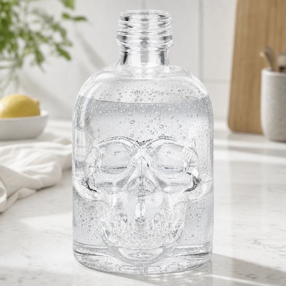 50ml Glasflasche "Hector" ohne Schrauberschluss UNiTWIST Glasflasche Hector 50ml mit Totenkopf-Prägung gefüllt mit Wasser auf weißer Küchenarbeitsplatte moderne Einrichtung