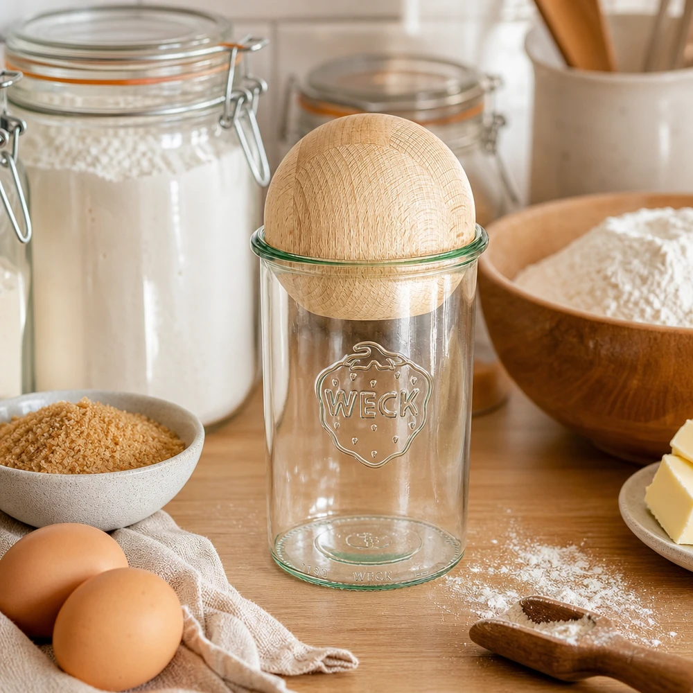 1000ml Sturzglas WECK RR100 mit Holzkugel Buche WECK Sturzglas 1000ml RR100 mit Buchenkugel-Deckel in Backzutaten-Kulisse mit Mehl, Eiern und Einmachgläsern