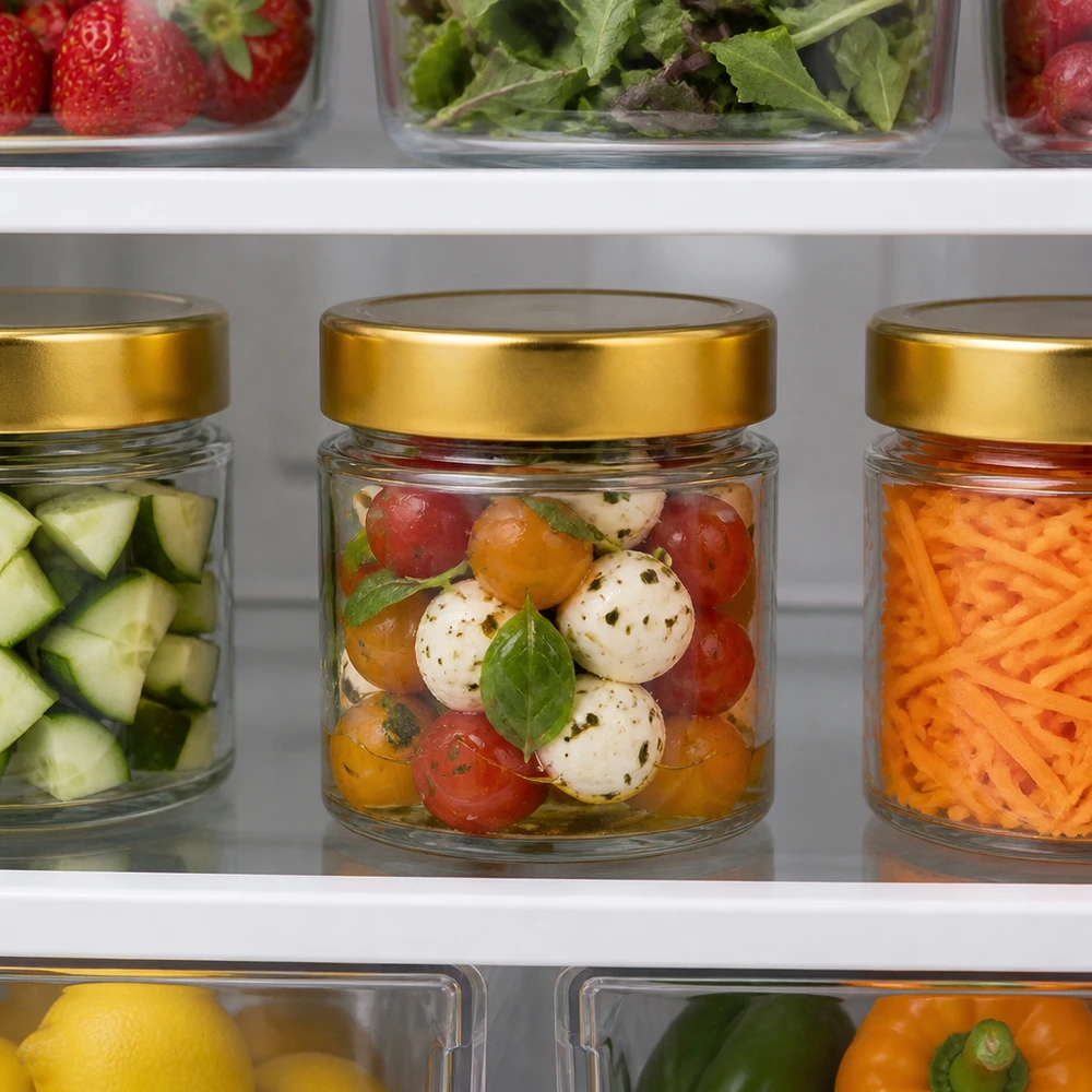 Kompakte 135ml Rundgläser mit Golddeckel ideal zur Aufbewahrung von Snacks und Antipasti