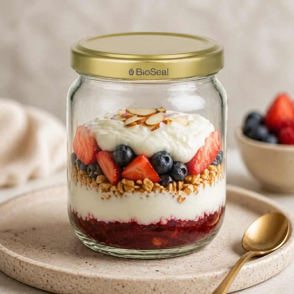 500g BioSeal Honigglas als Frühstücksbehälter mit Joghurt Beeren Müsli Schichtdessert und goldenem Löffel