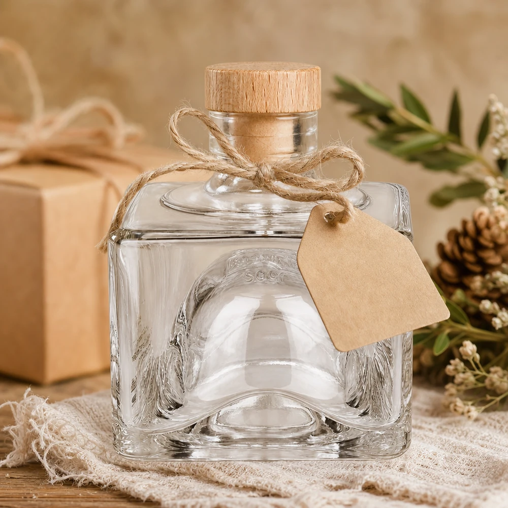 200ml Glasflasche "Bob" mit Holzgriff-Korken UNiTWIST 200ml Glasflasche Bob als Geschenk verpackt, Holzkorken mit Jute-Schleife und Anhänger, festliche Dekoration